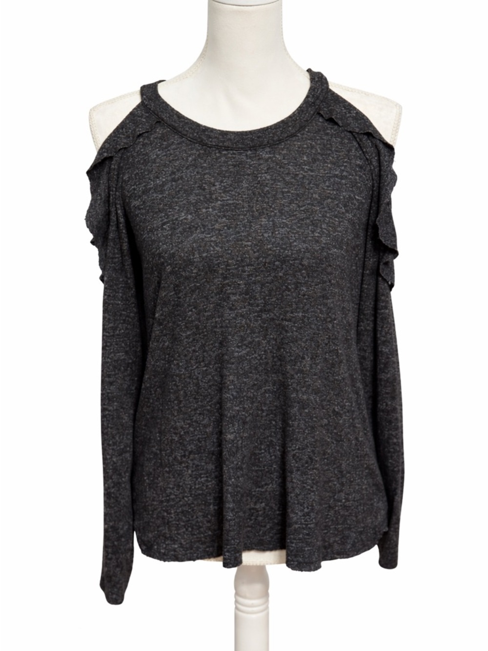 American Eagle Charcoal Gray Cold-Shoulder Ruffle Long Sleeve Shirt Size Medium